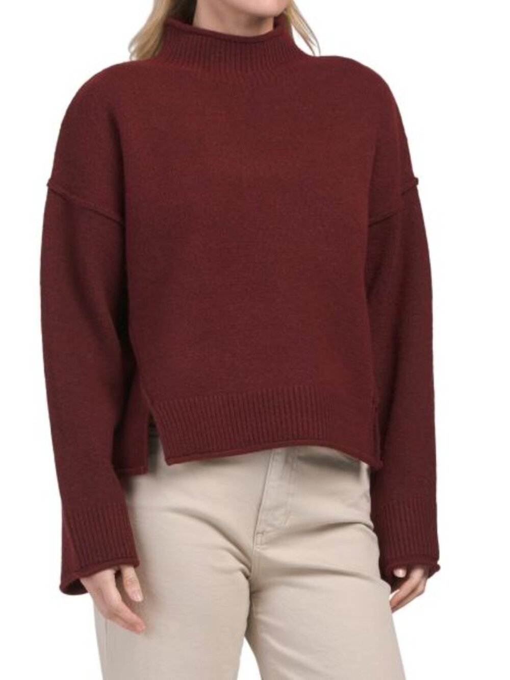 MAX STUDIO LONDON Merlot Wool Blend Rolled Edge Mock Neck Sweater